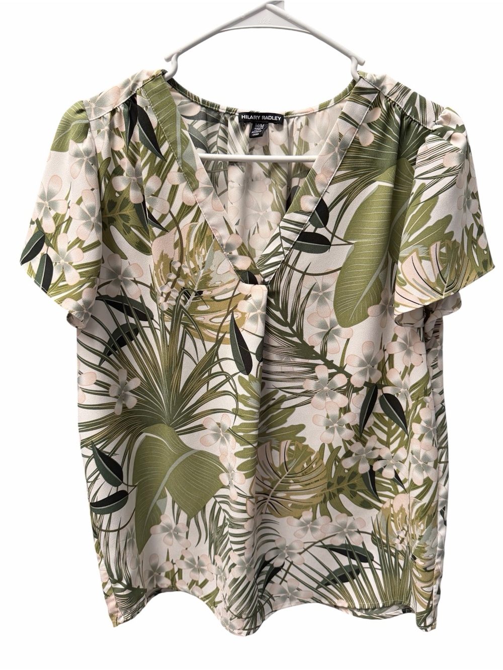 Hilary Radley Green Tropical Leaf Print V-Neck Blouse | Women’s Medium